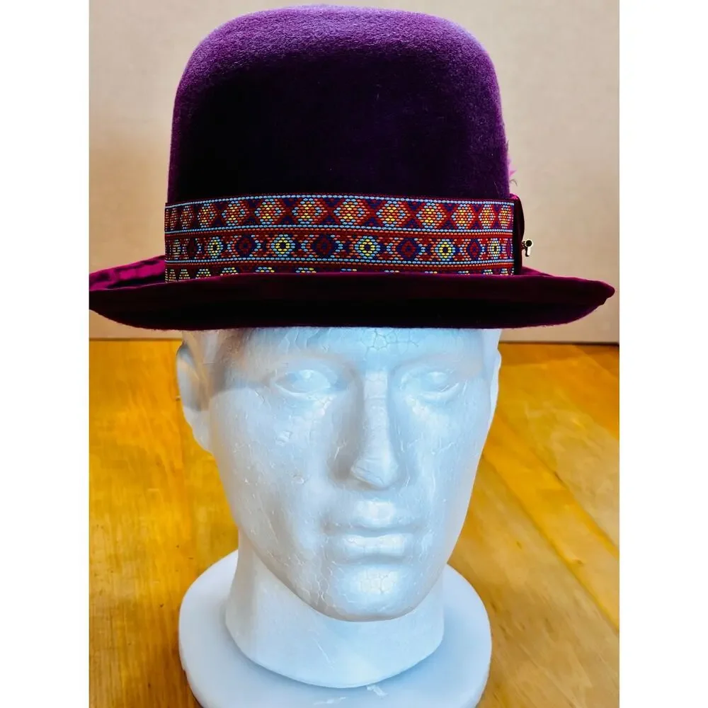 Handmade Burgundy Felt Fedora Hat Feather Key Accent Men’s Large